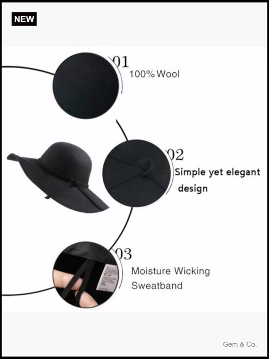 100% Wool Foldable Wide Brim Fedora Felt Bowler Hat One Size main image 4